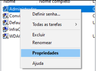 A imagem apresenta a ação de clicar com o botão direito do mouse no usuário admistrador e selecionado a opção "Propriedades".